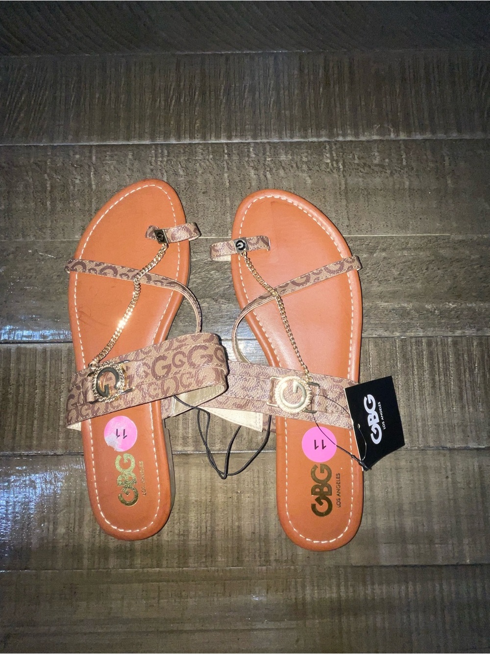 GBG Los Angeles Brown and Gold Logo T‑Strap Sandals